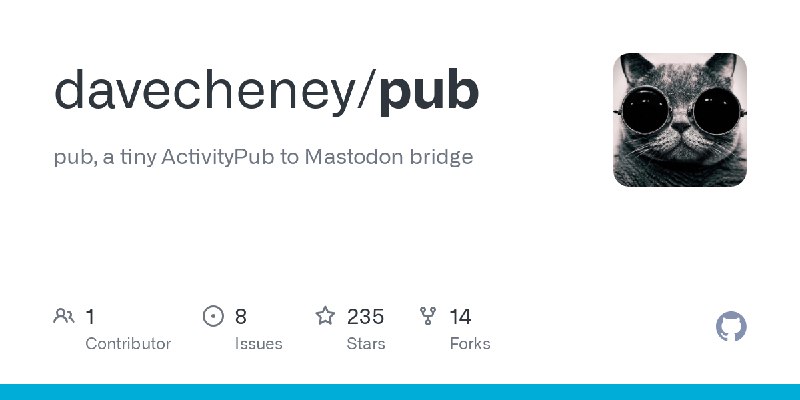 GitHub - davecheney/pub: pub, a tiny ActivityPub to Mastodon bridge